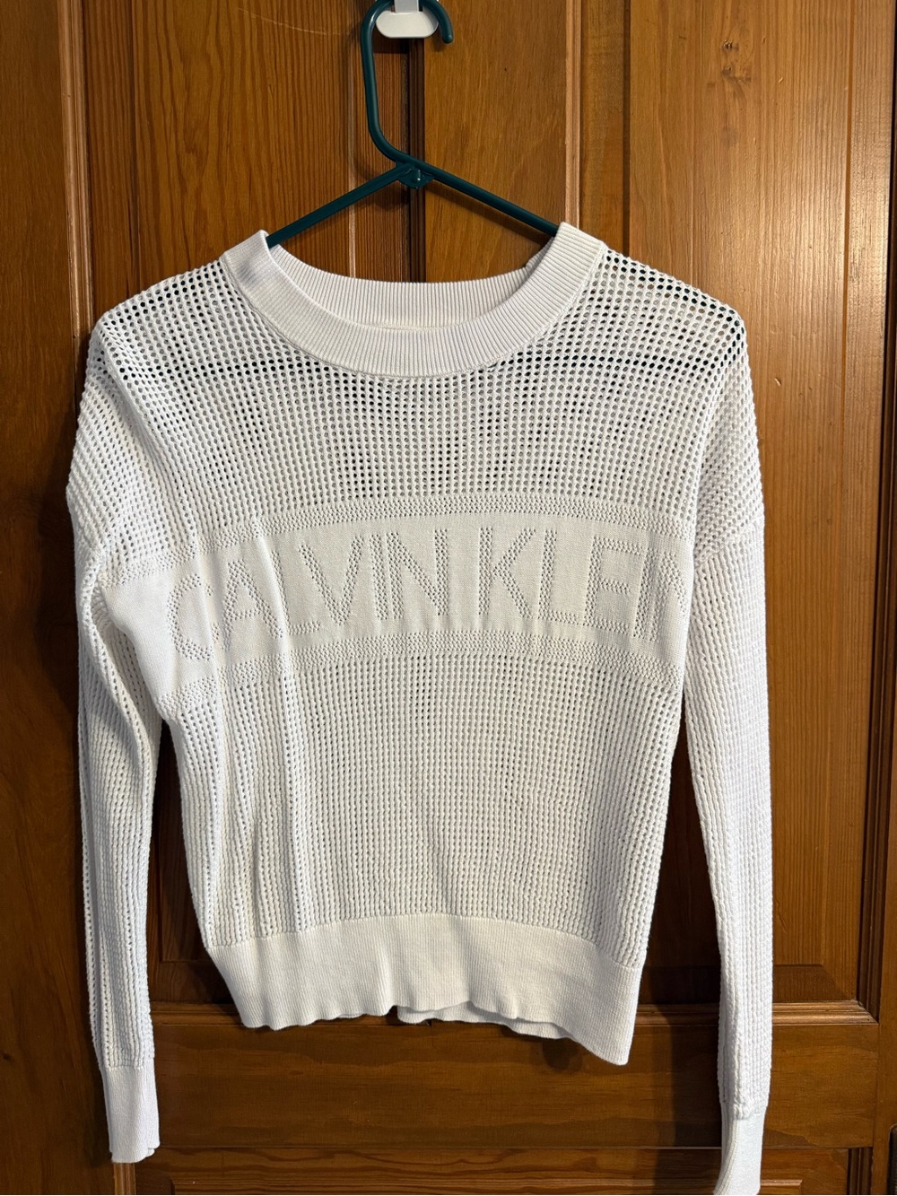 Calvin Klein White Open-Knit Logo Sweater